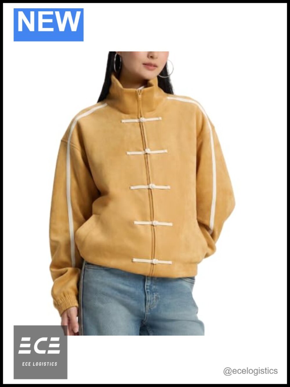 Faux Suede Track Jacket Loose Fit Streetwear Chinese Style Zip Button